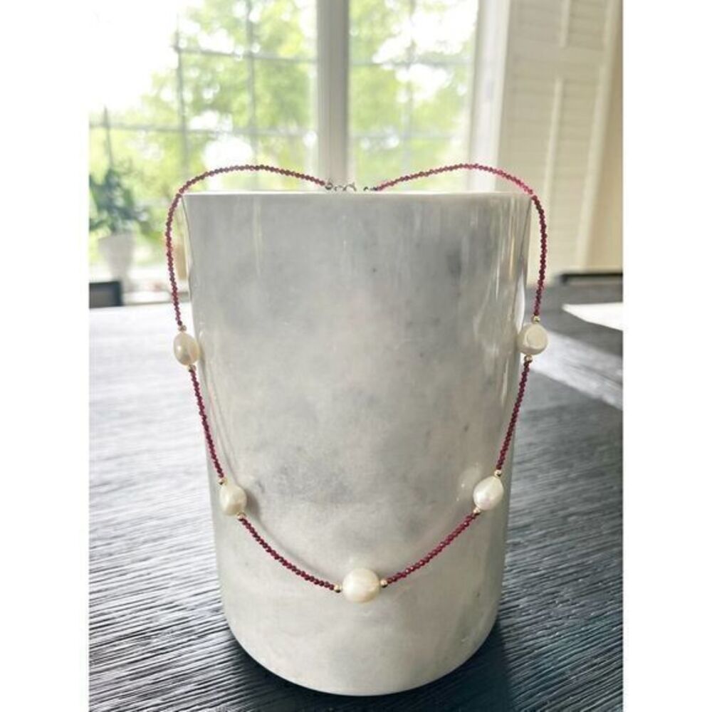14kt Ladies Ruby Natural Stone Natural Fresh-Water- Pearl Necklace